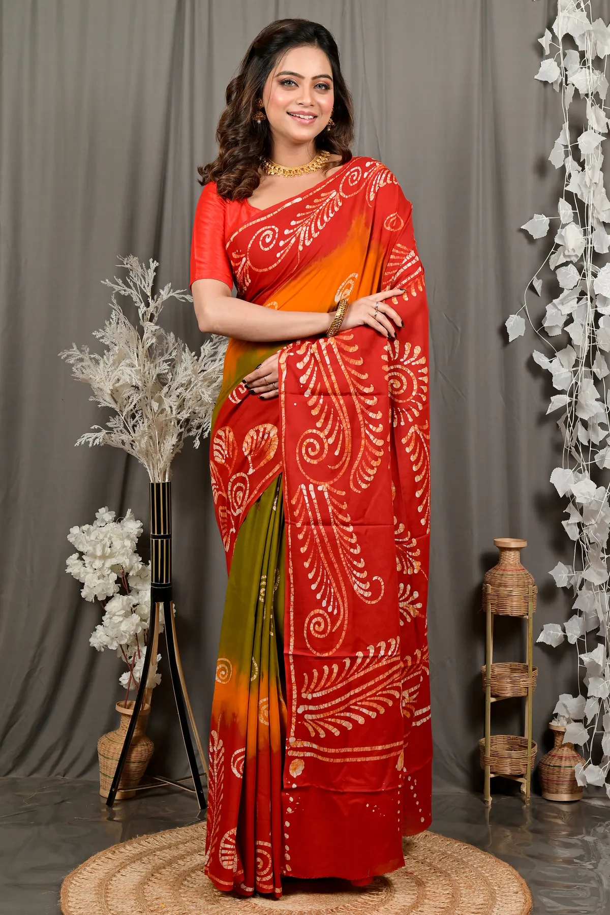 DipDiya Pure Cotton Red Pihu Heritage Elegance Batik Print Sarees