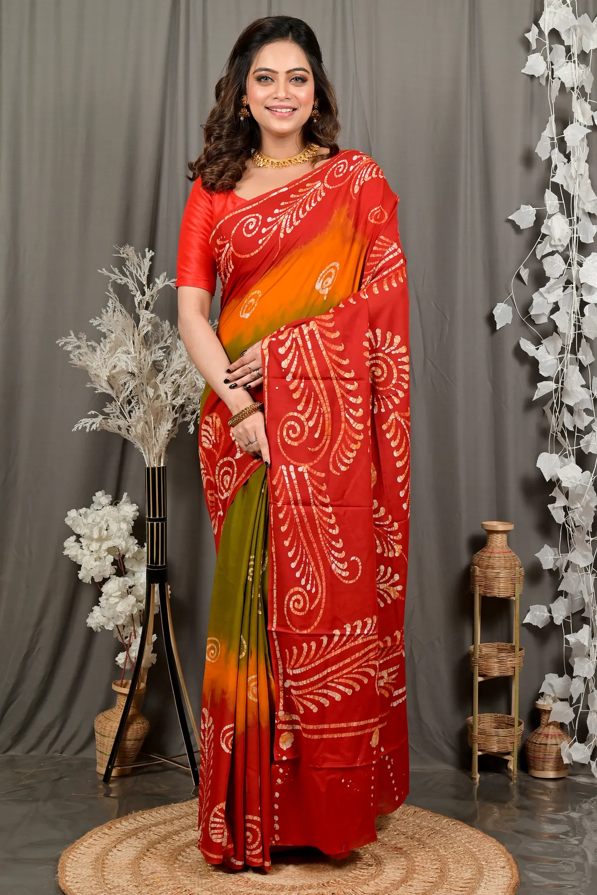 DipDiya Pure Cotton Red Pihu Heritage Elegance Batik Print Sarees