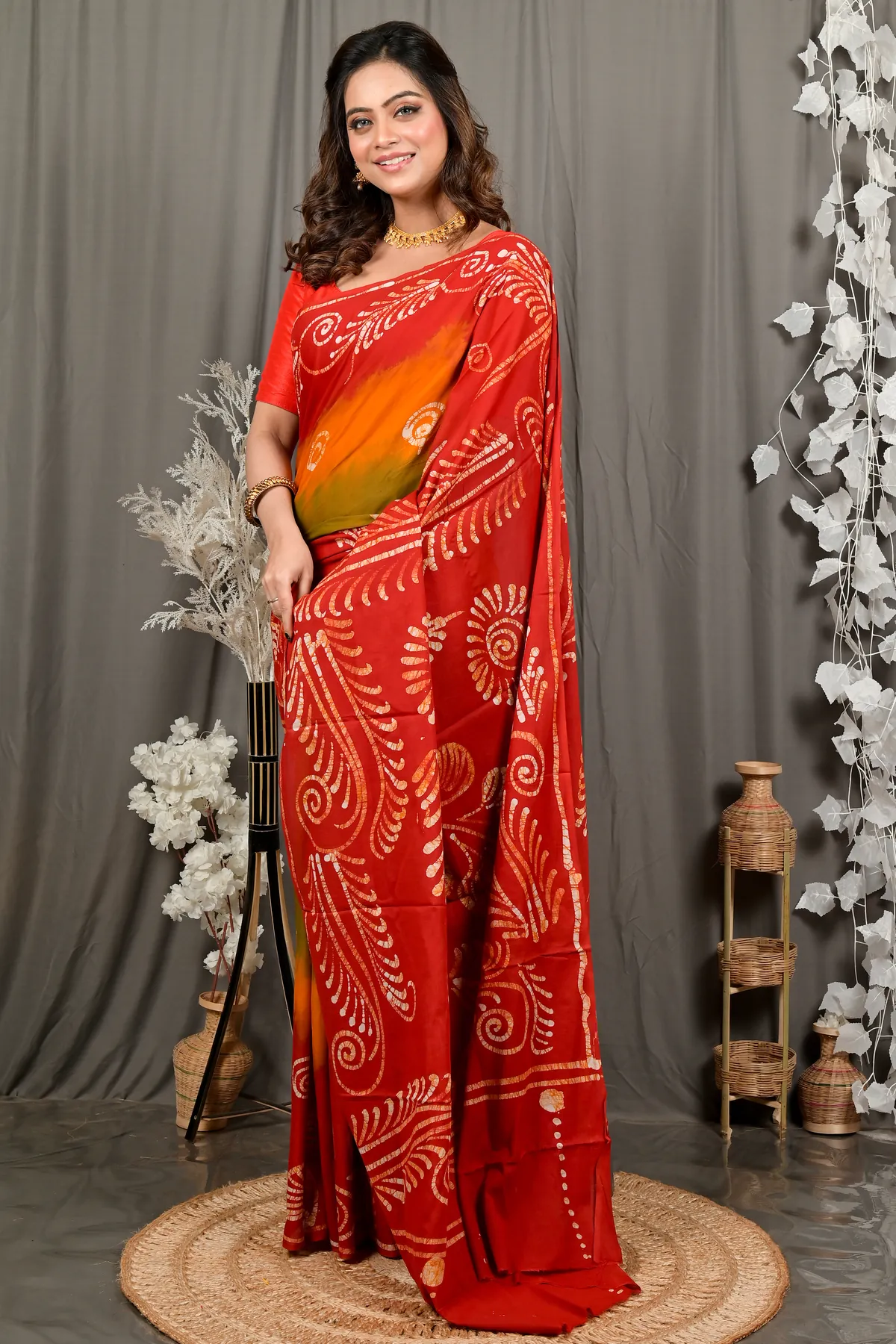 DipDiya Pure Cotton Red Pihu Heritage Elegance Batik Print Sarees
