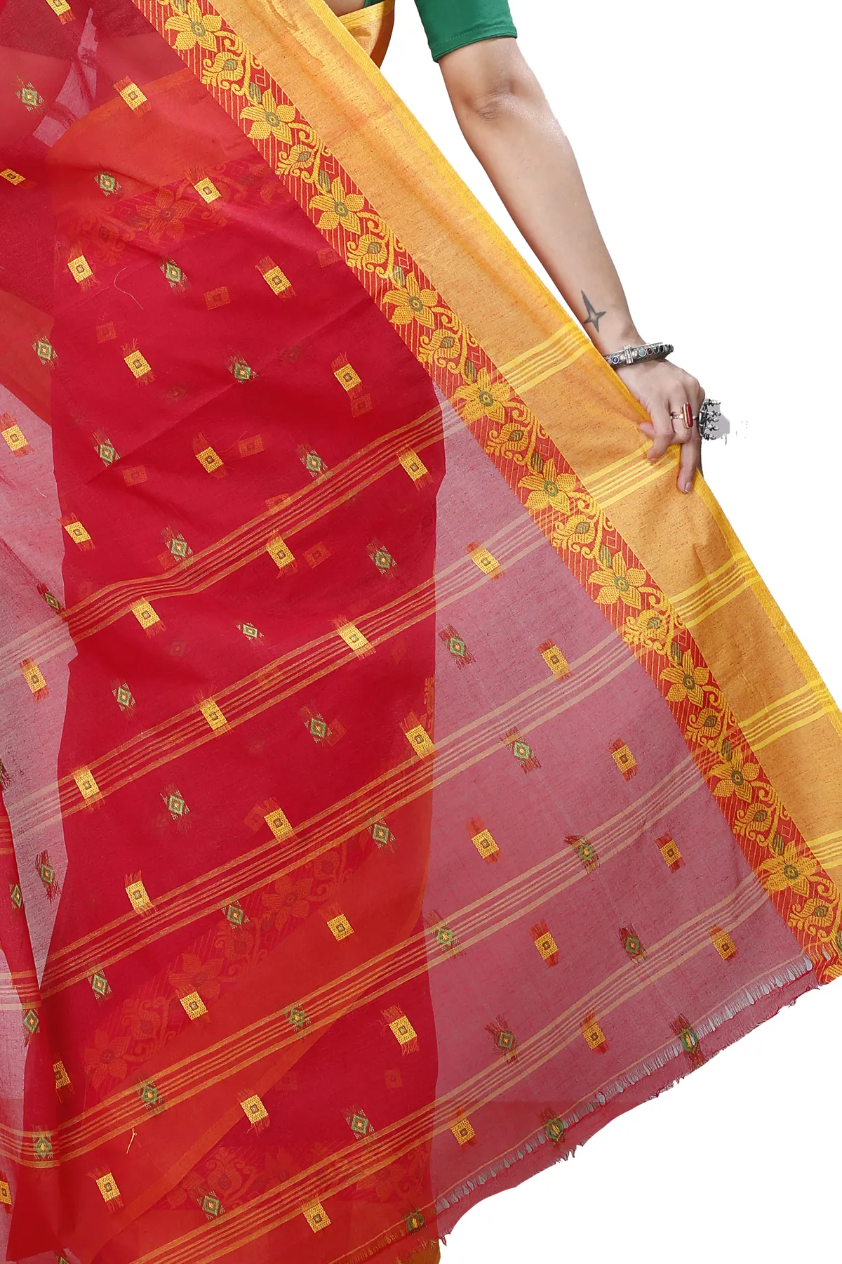 DipDiya Pure Cotton Red Ramala Threads of Tradition Tant Sarees