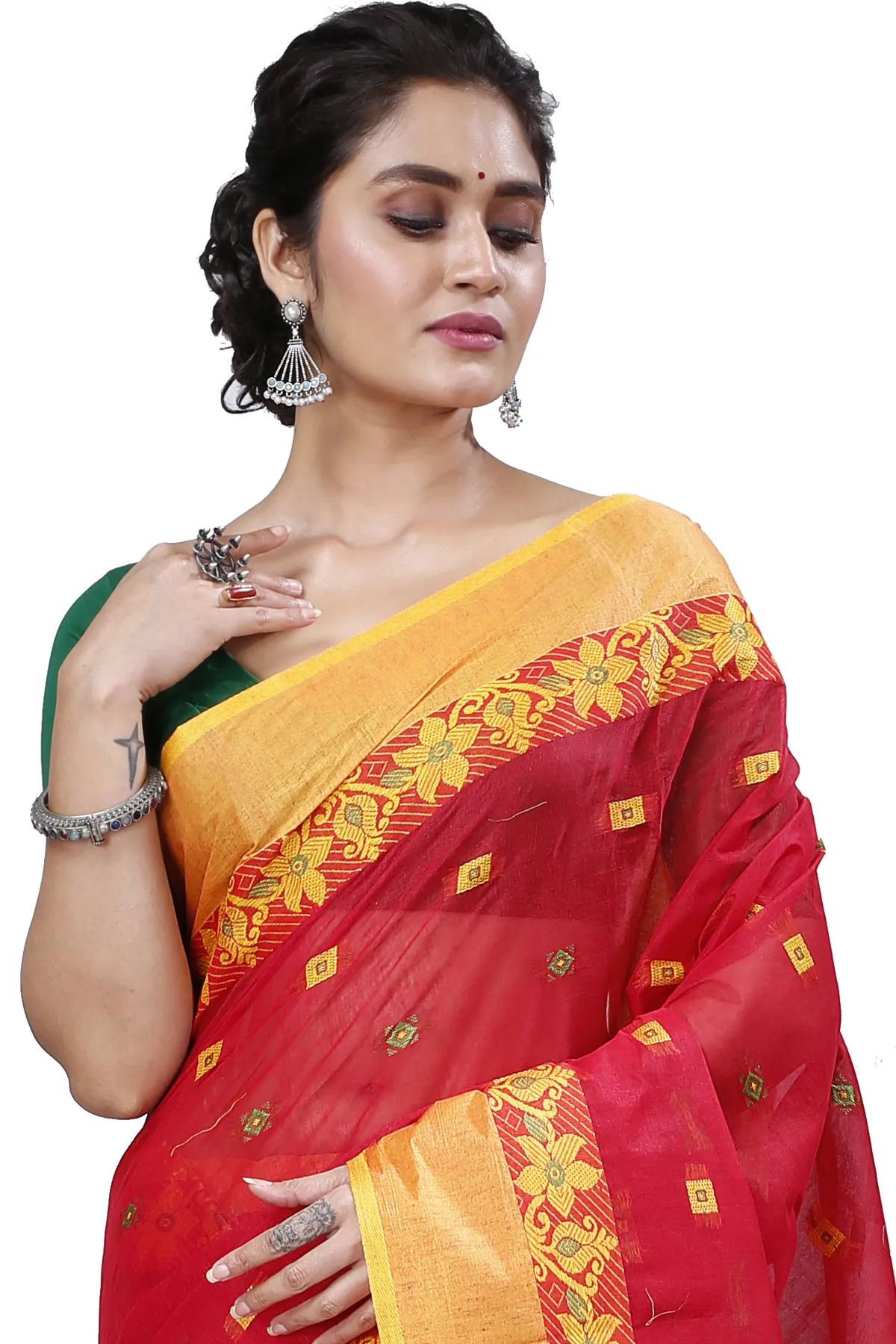 DipDiya Pure Cotton Red Ramala Threads of Tradition Tant Sarees