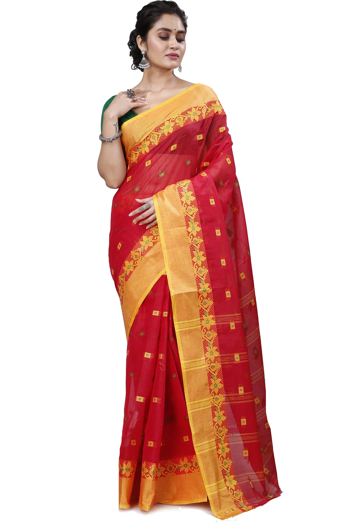 DipDiya Pure Cotton Red Ramala Threads of Tradition Tant Sarees