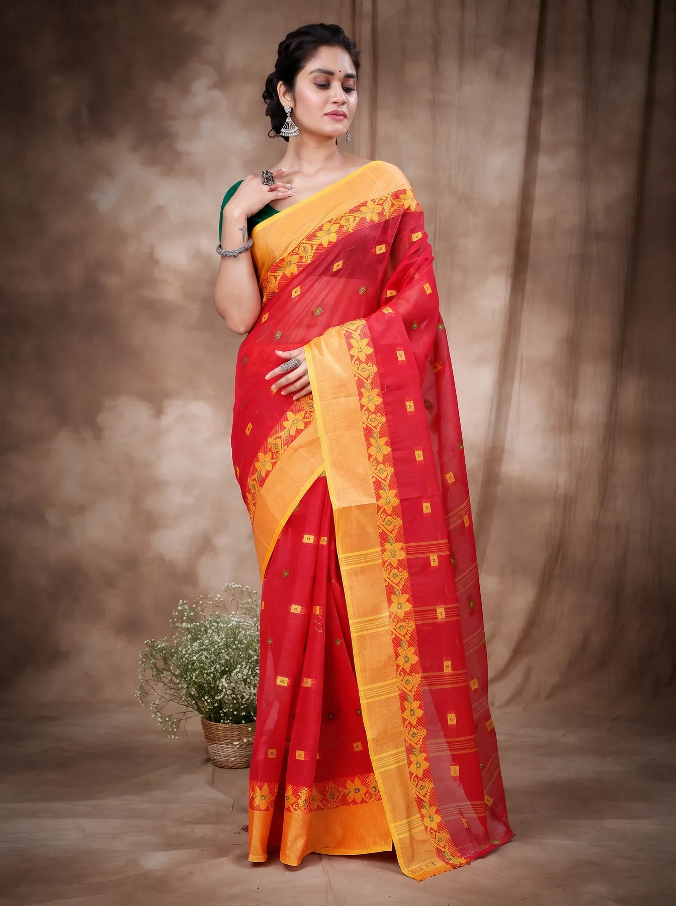 DipDiya Pure Cotton Red Ramala Threads of Tradition Tant Sarees