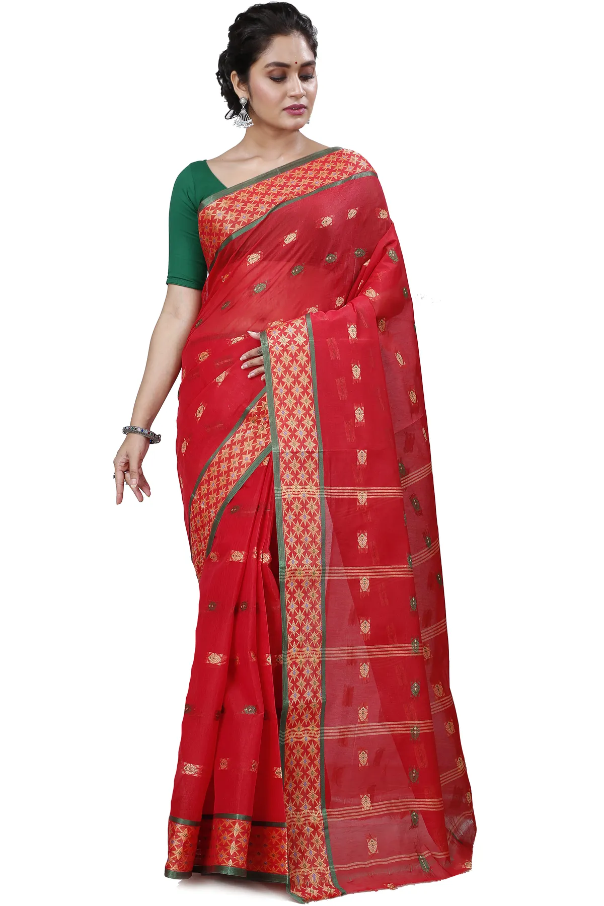 DipDiya Pure Cotton Red Reese Woven by Hand Tant Sarees