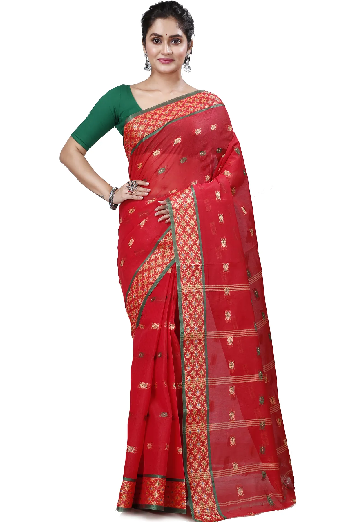 DipDiya Pure Cotton Red Reese Woven by Hand Tant Sarees