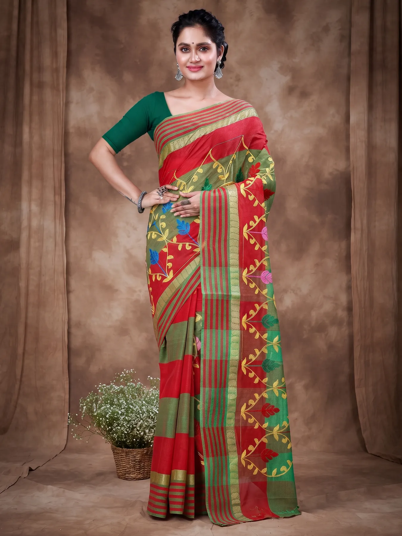 DipDiya Pure Cotton Red Rosalie A Legacy Woven Embroidery Tant Sarees