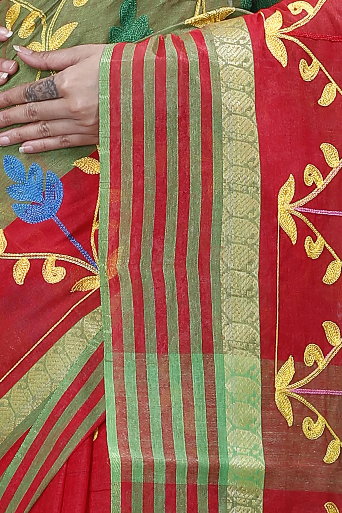 DipDiya Pure Cotton Red Rosalie A Legacy Woven Embroidery Tant Sarees