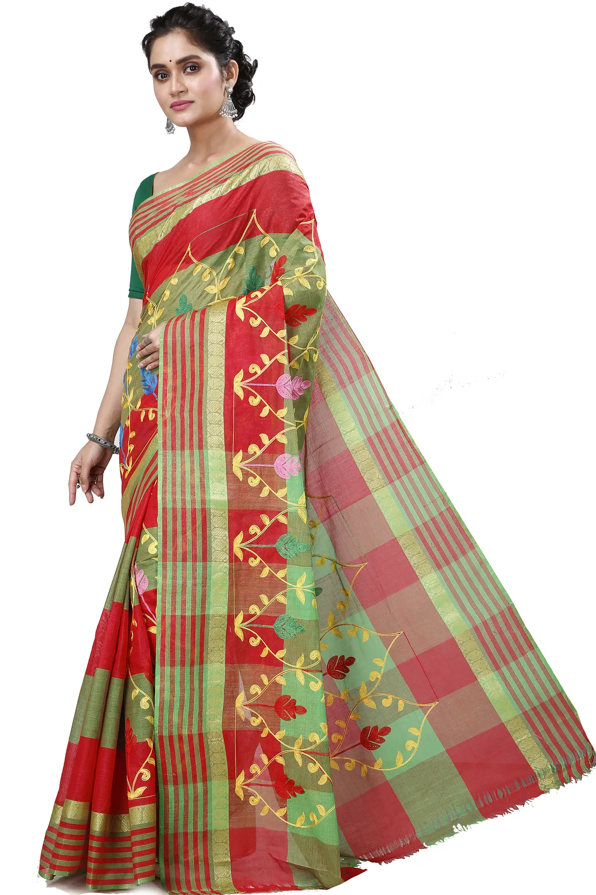DipDiya Pure Cotton Red Rosalie A Legacy Woven Embroidery Tant Sarees