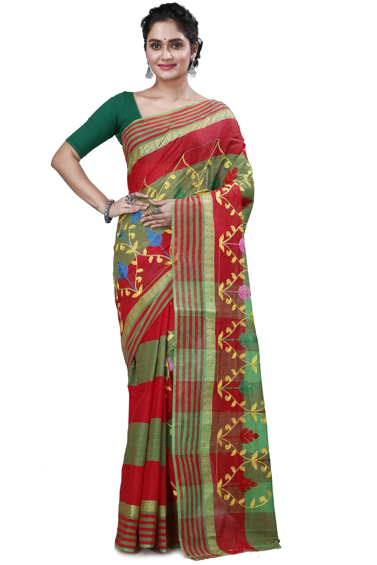 DipDiya Pure Cotton Red Rosalie A Legacy Woven Embroidery Tant Sarees