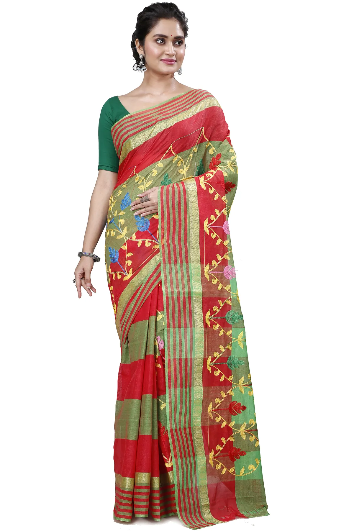 DipDiya Pure Cotton Red Rosalie A Legacy Woven Embroidery Tant Sarees