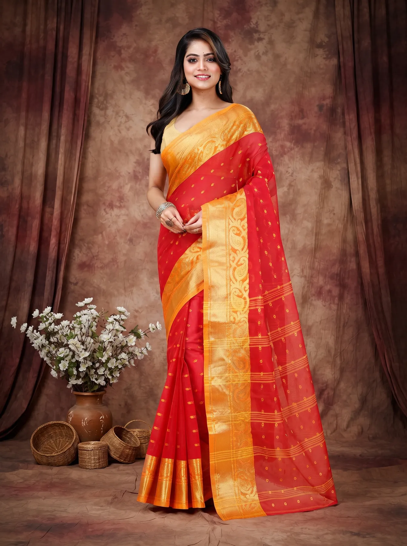 DipDiya Pure Cotton Red Sachi Bengali Heritage Tant Sarees