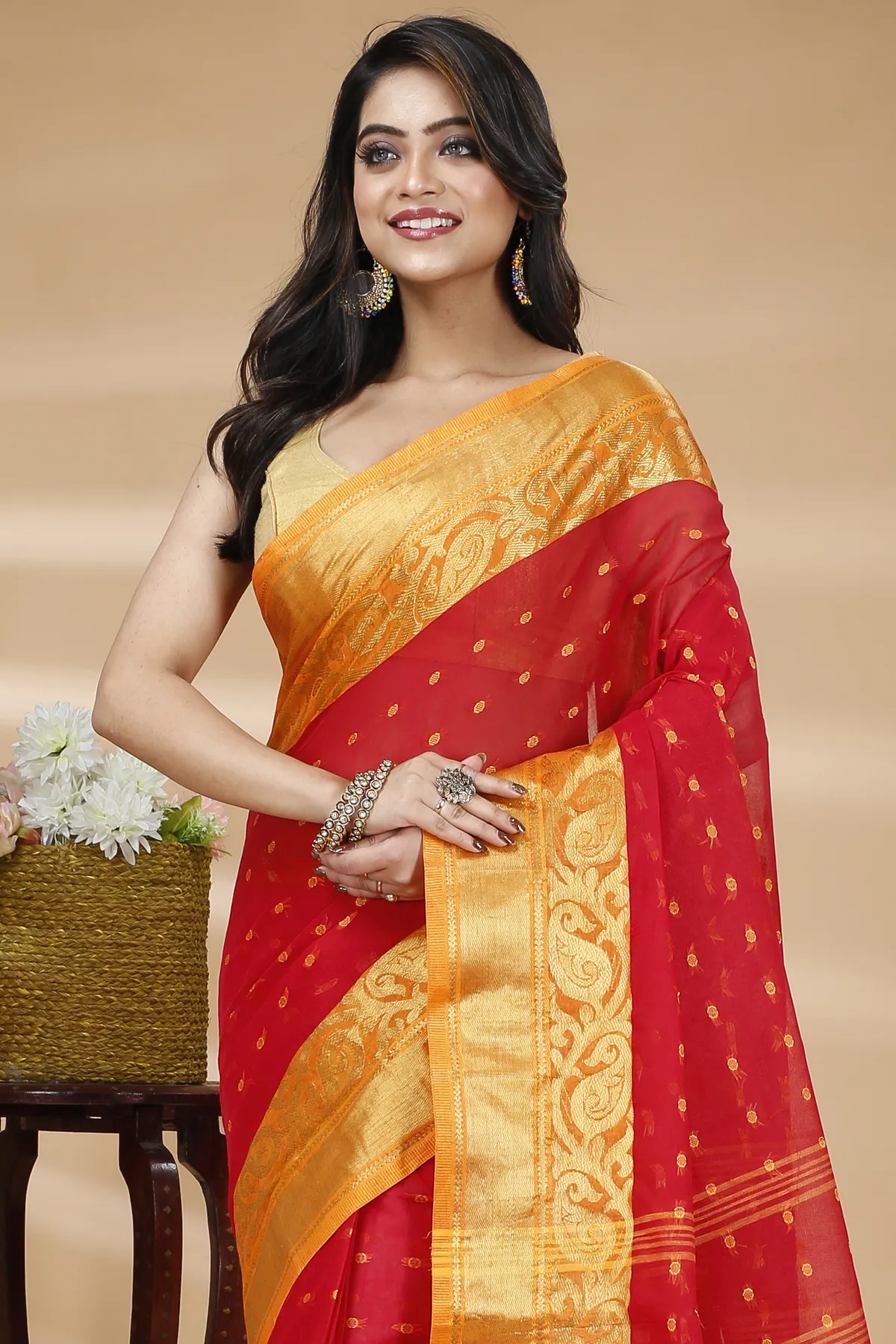 DipDiya Pure Cotton Red Sachi Bengali Heritage Tant Sarees