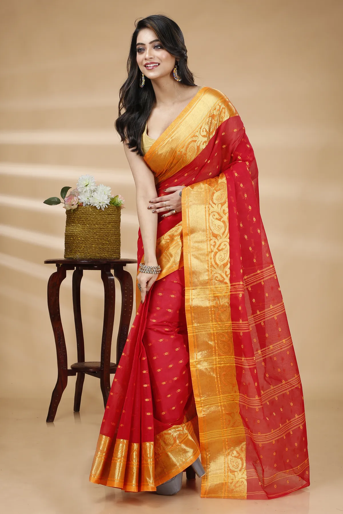 DipDiya Pure Cotton Red Sachi Bengali Heritage Tant Sarees