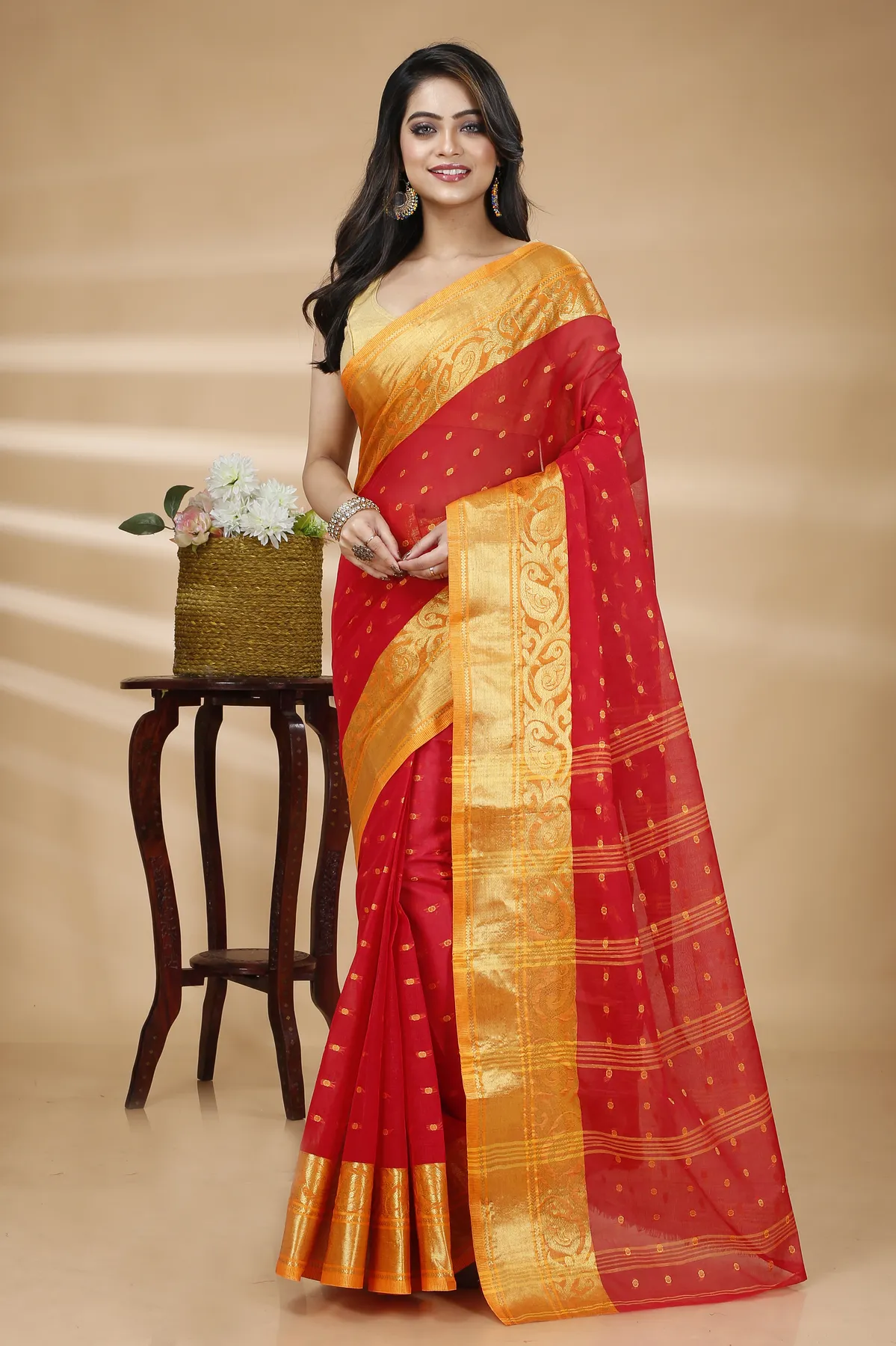 DipDiya Pure Cotton Red Sachi Bengali Heritage Tant Sarees