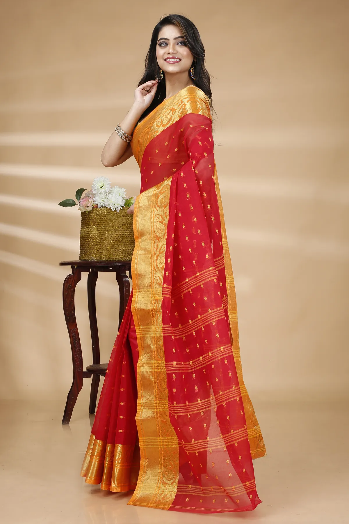 DipDiya Pure Cotton Red Sachi Bengali Heritage Tant Sarees