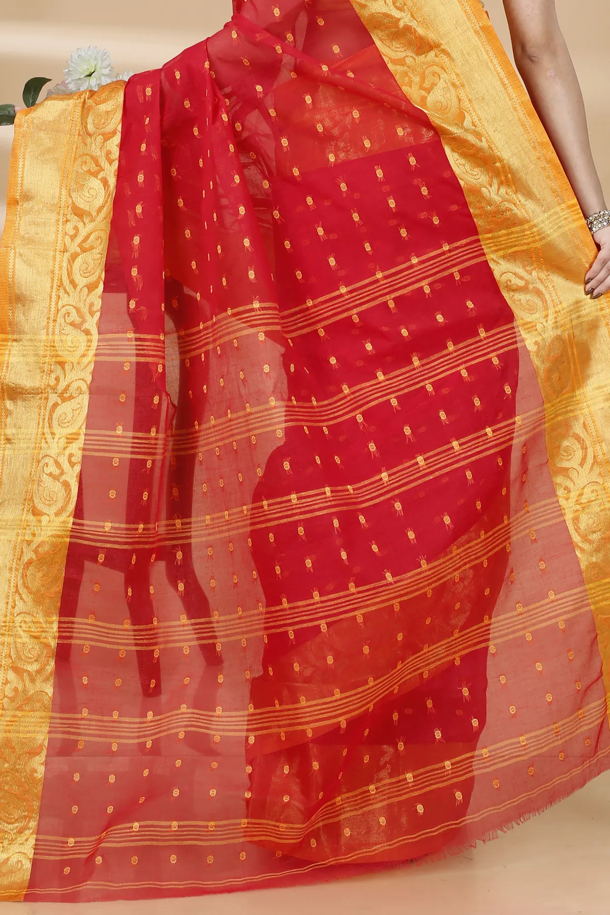 DipDiya Pure Cotton Red Sachi Bengali Heritage Tant Sarees
