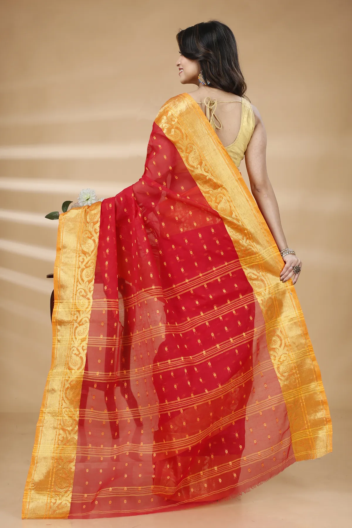 DipDiya Pure Cotton Red Sachi Bengali Heritage Tant Sarees