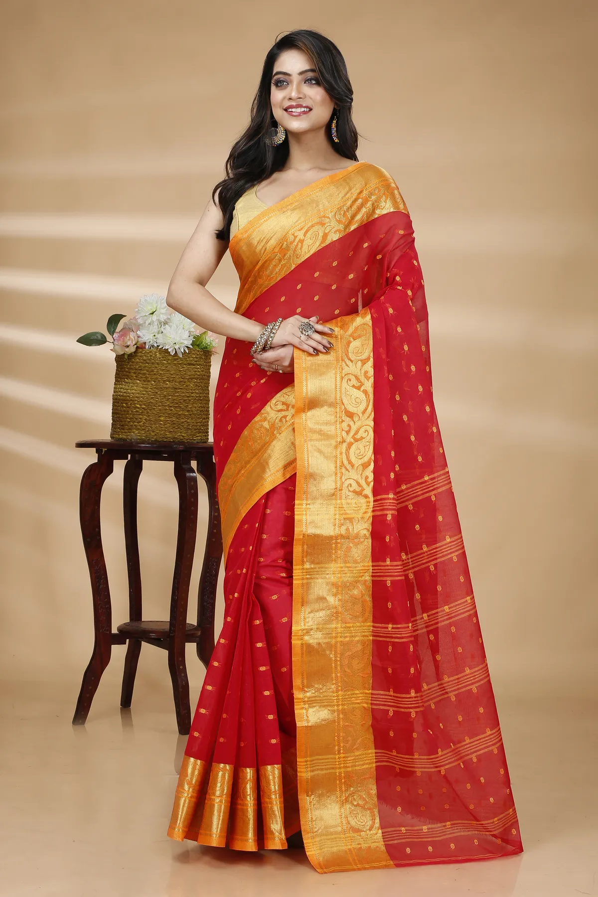 DipDiya Pure Cotton Red Sachi Bengali Heritage Tant Sarees