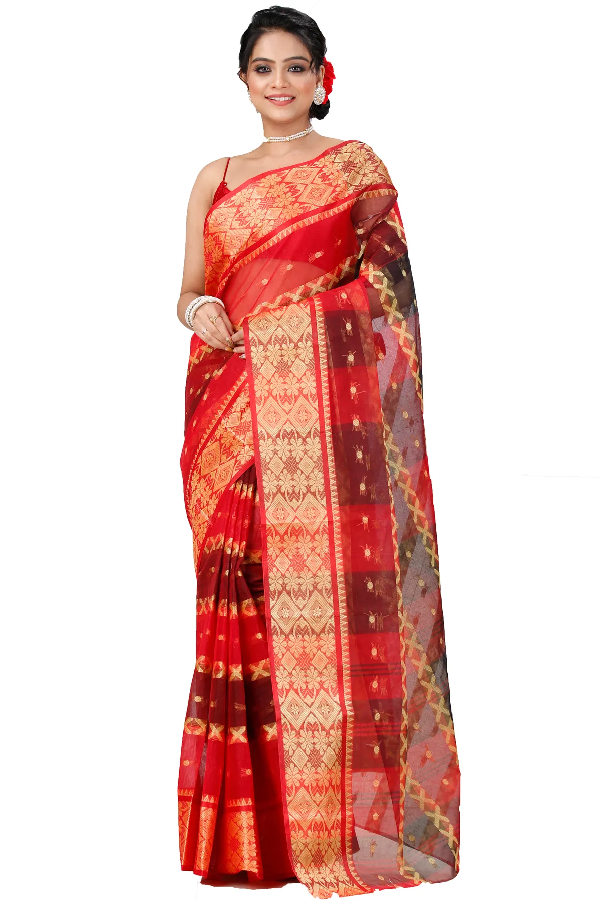 DipDiya Pure Cotton Red SonaJhuri Desiging Handloom Heritage Tant Sarees