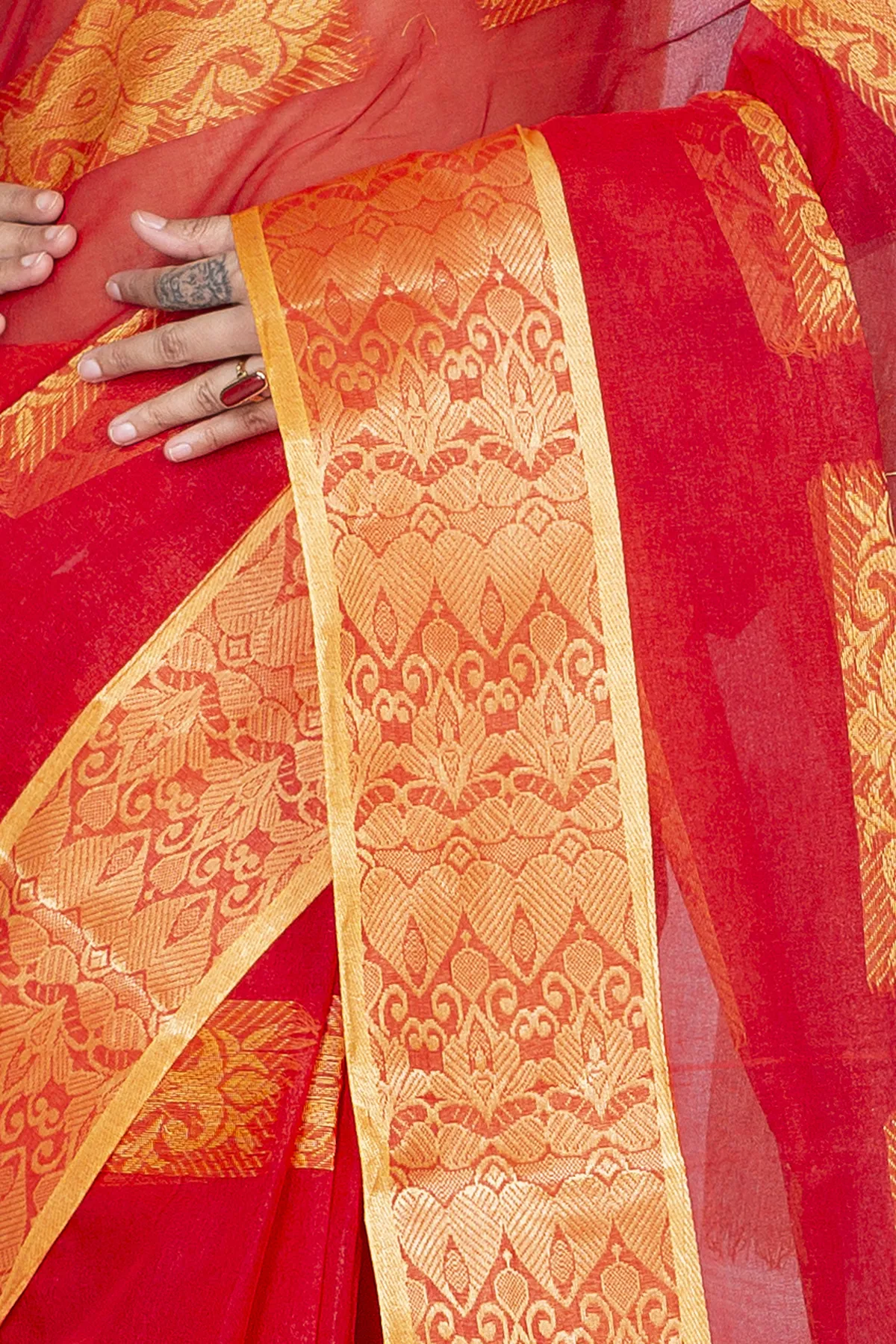 DipDiya Pure Cotton Red Strip Suparna Regal Bengali Tant Sarees