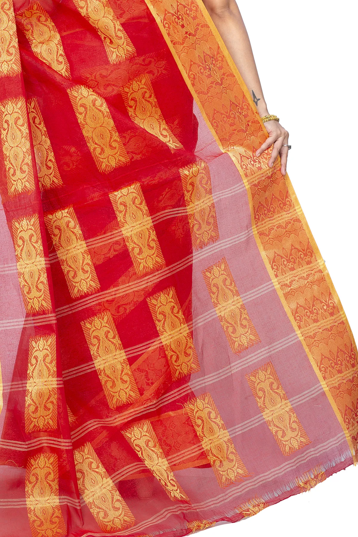 DipDiya Pure Cotton Red Strip Suparna Regal Bengali Tant Sarees