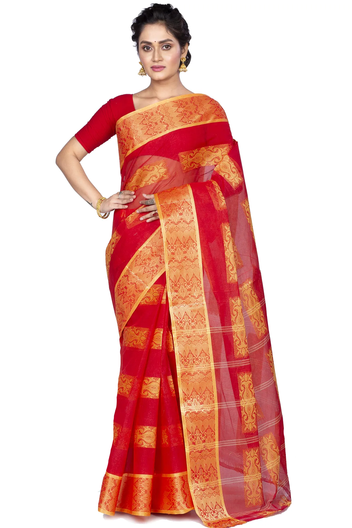 DipDiya Pure Cotton Red Strip Suparna Regal Bengali Tant Sarees