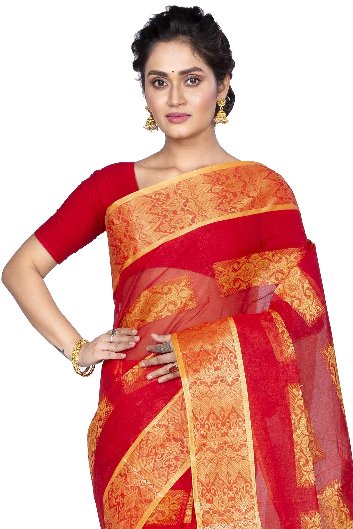DipDiya Pure Cotton Red Strip Suparna Regal Bengali Tant Sarees