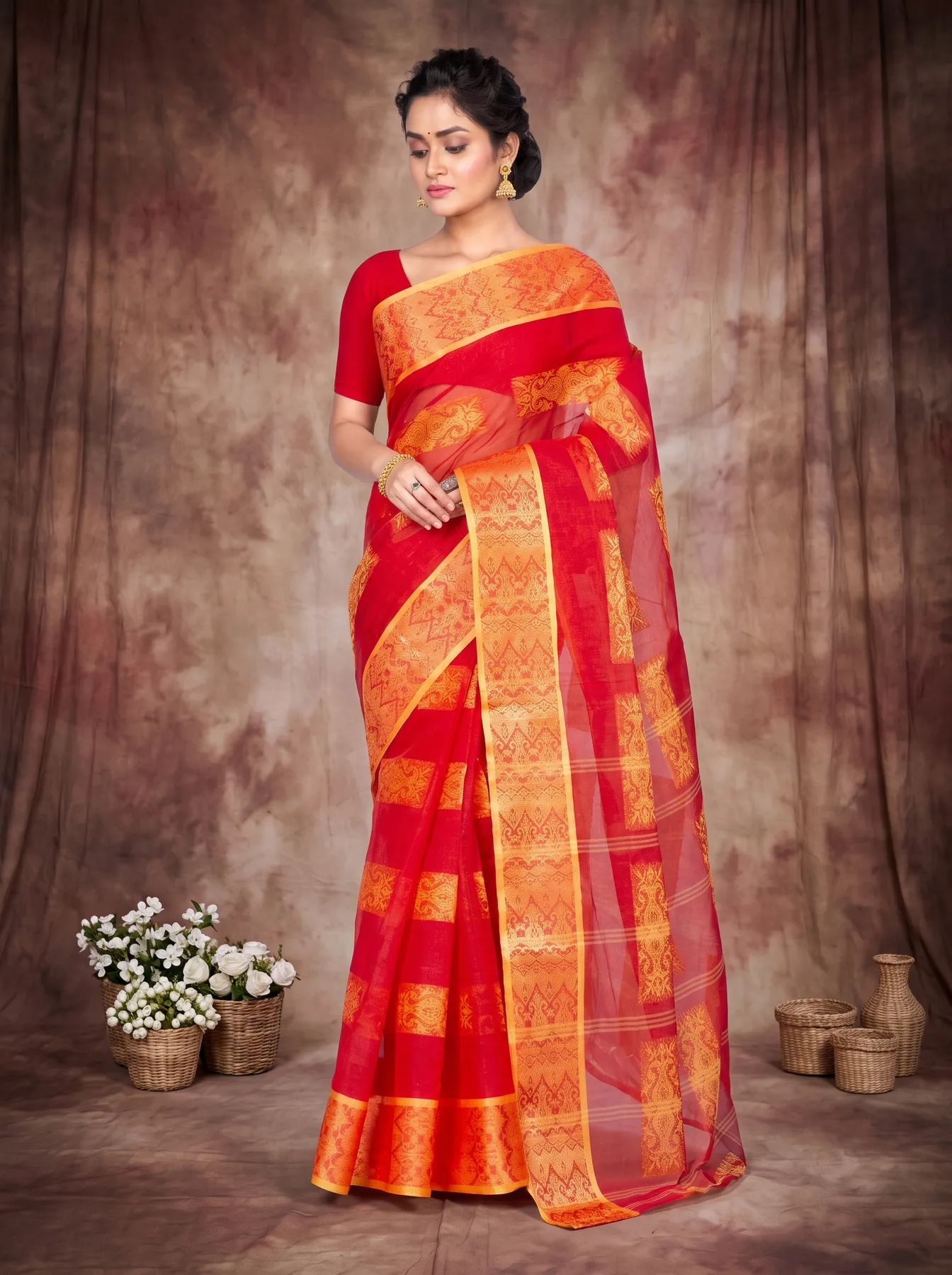 DipDiya Pure Cotton Red Strip Suparna Regal Bengali Tant Sarees