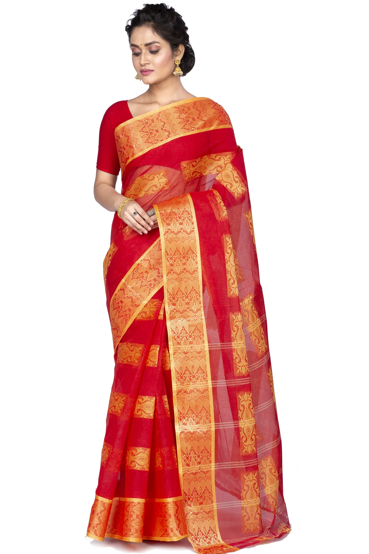 DipDiya Pure Cotton Red Strip Suparna Regal Bengali Tant Sarees
