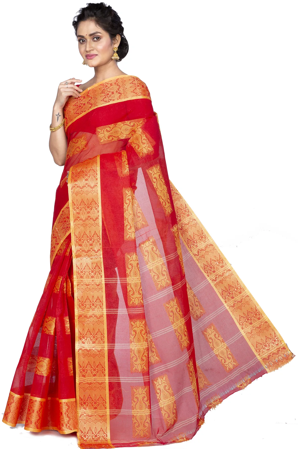 DipDiya Pure Cotton Red Strip Suparna Regal Bengali Tant Sarees