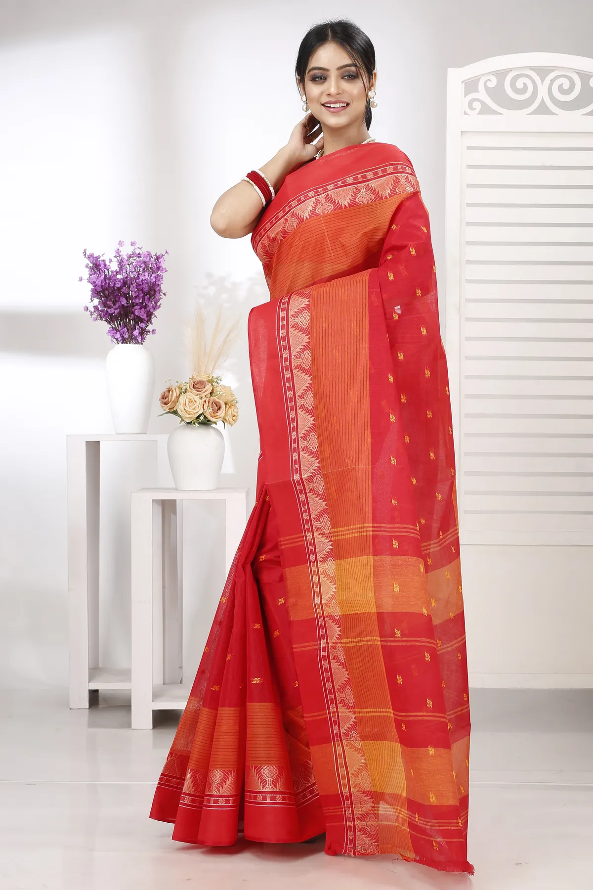 DipDiya Pure Cotton Red Suto Stories of Bengal Tant Sarees
