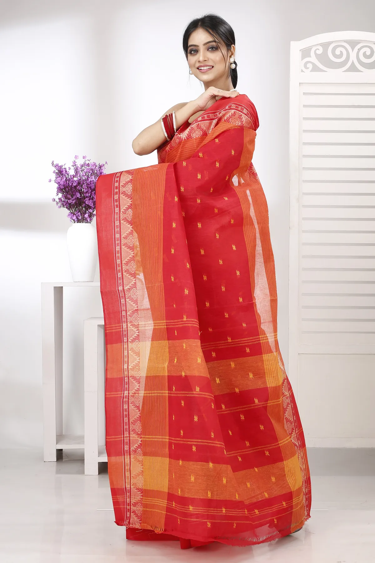 DipDiya Pure Cotton Red Suto Stories of Bengal Tant Sarees