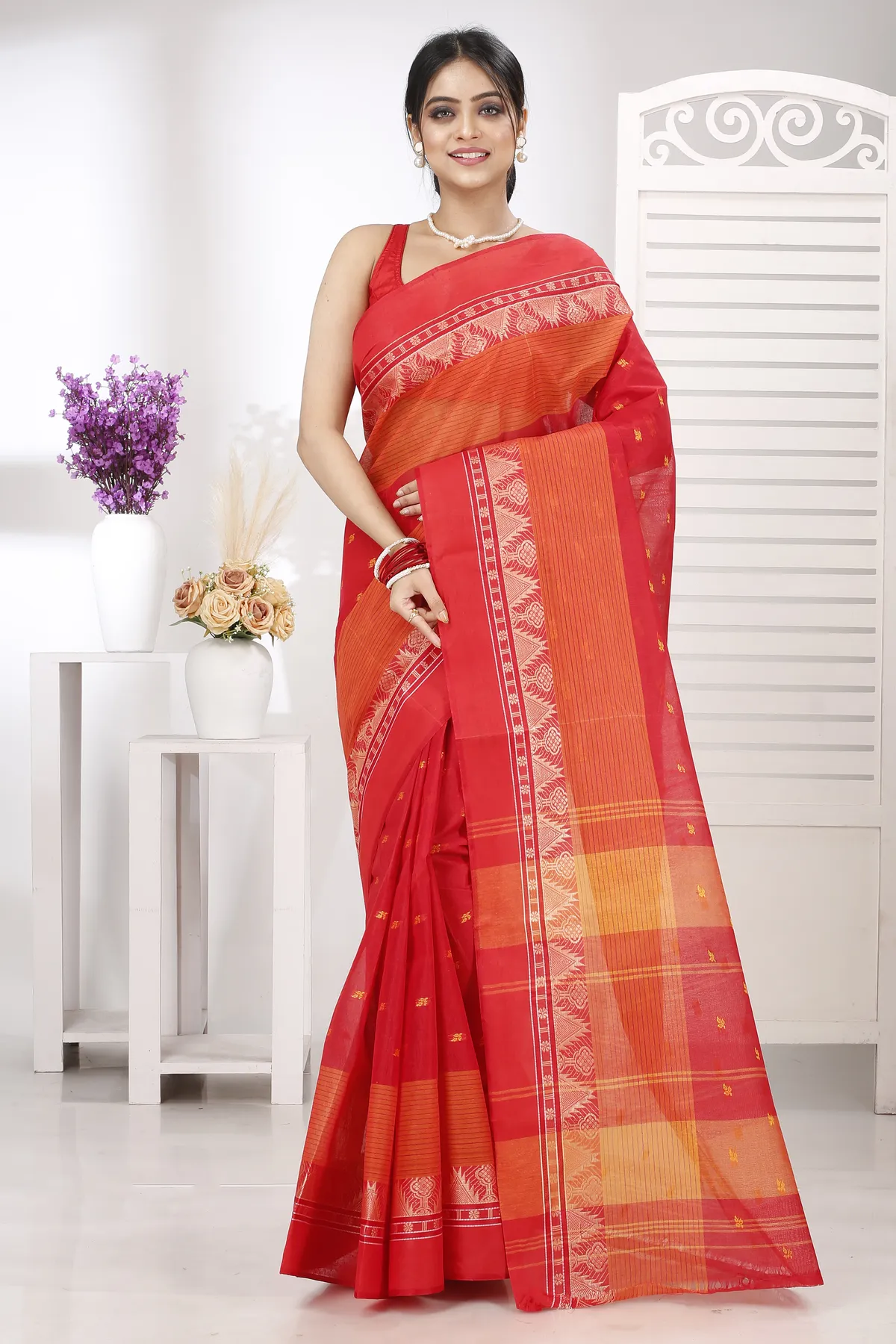 DipDiya Pure Cotton Red Suto Stories of Bengal Tant Sarees