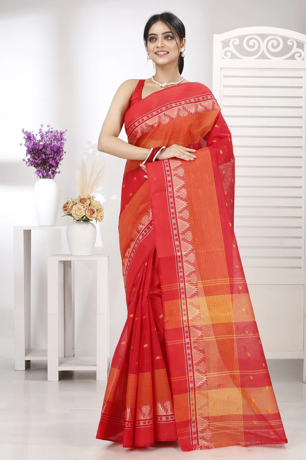 DipDiya Pure Cotton Red Suto Stories of Bengal Tant Sarees