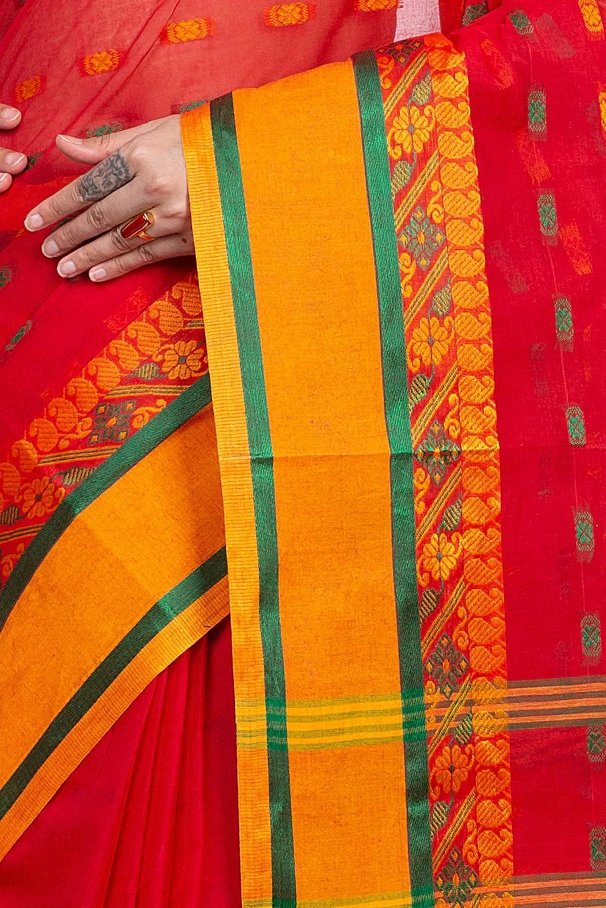 DipDiya Pure Cotton Red ToraPar Artisan Woven Tant Sarees