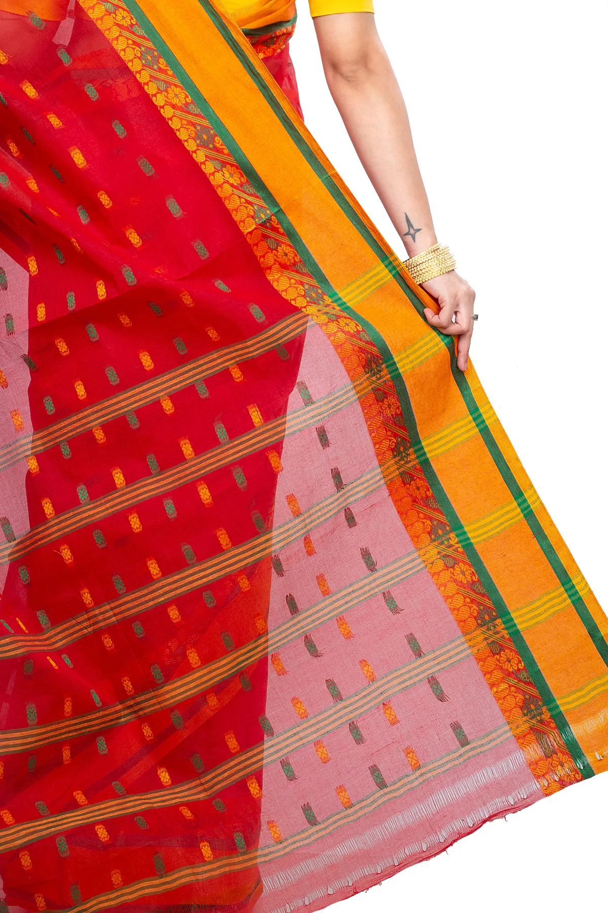 DipDiya Pure Cotton Red ToraPar Artisan Woven Tant Sarees