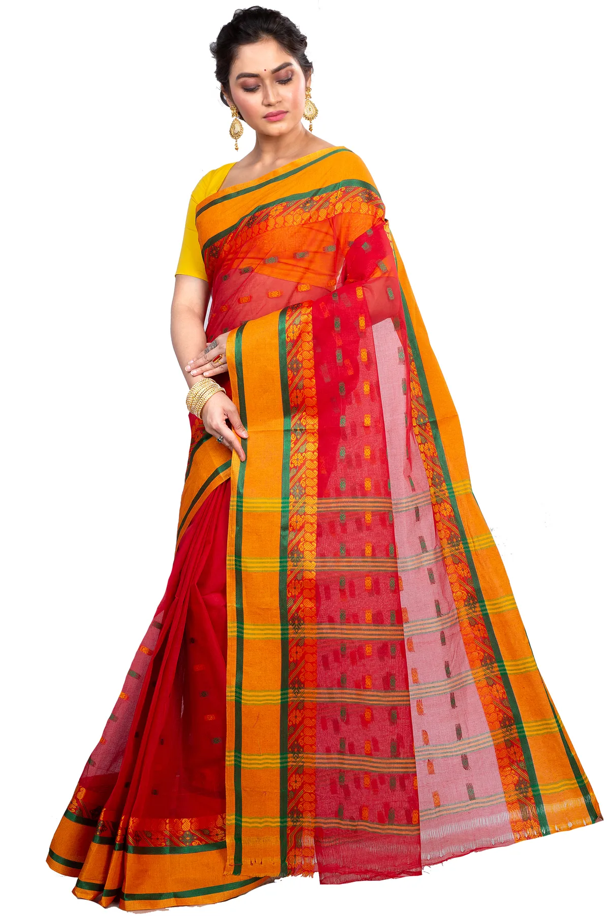 DipDiya Pure Cotton Red ToraPar Artisan Woven Tant Sarees