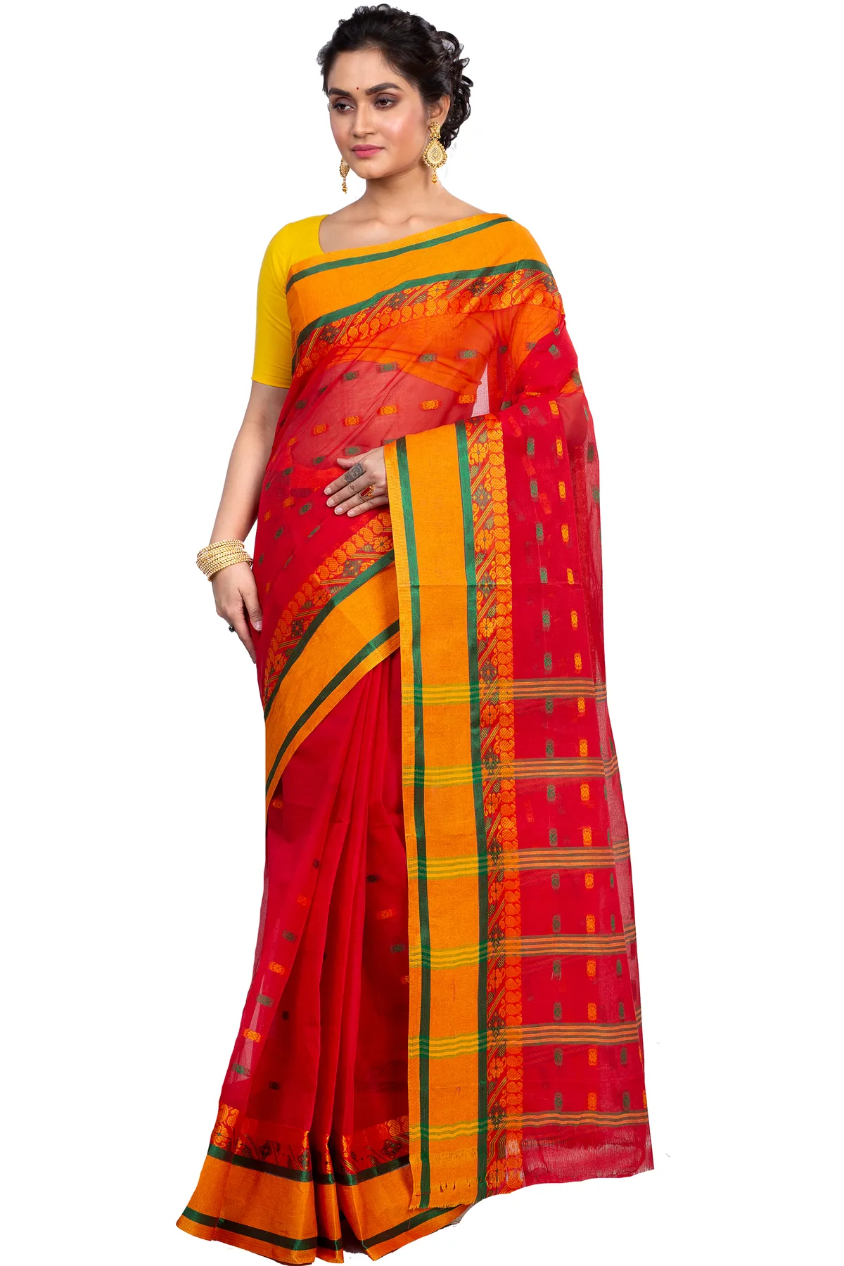 DipDiya Pure Cotton Red ToraPar Artisan Woven Tant Sarees