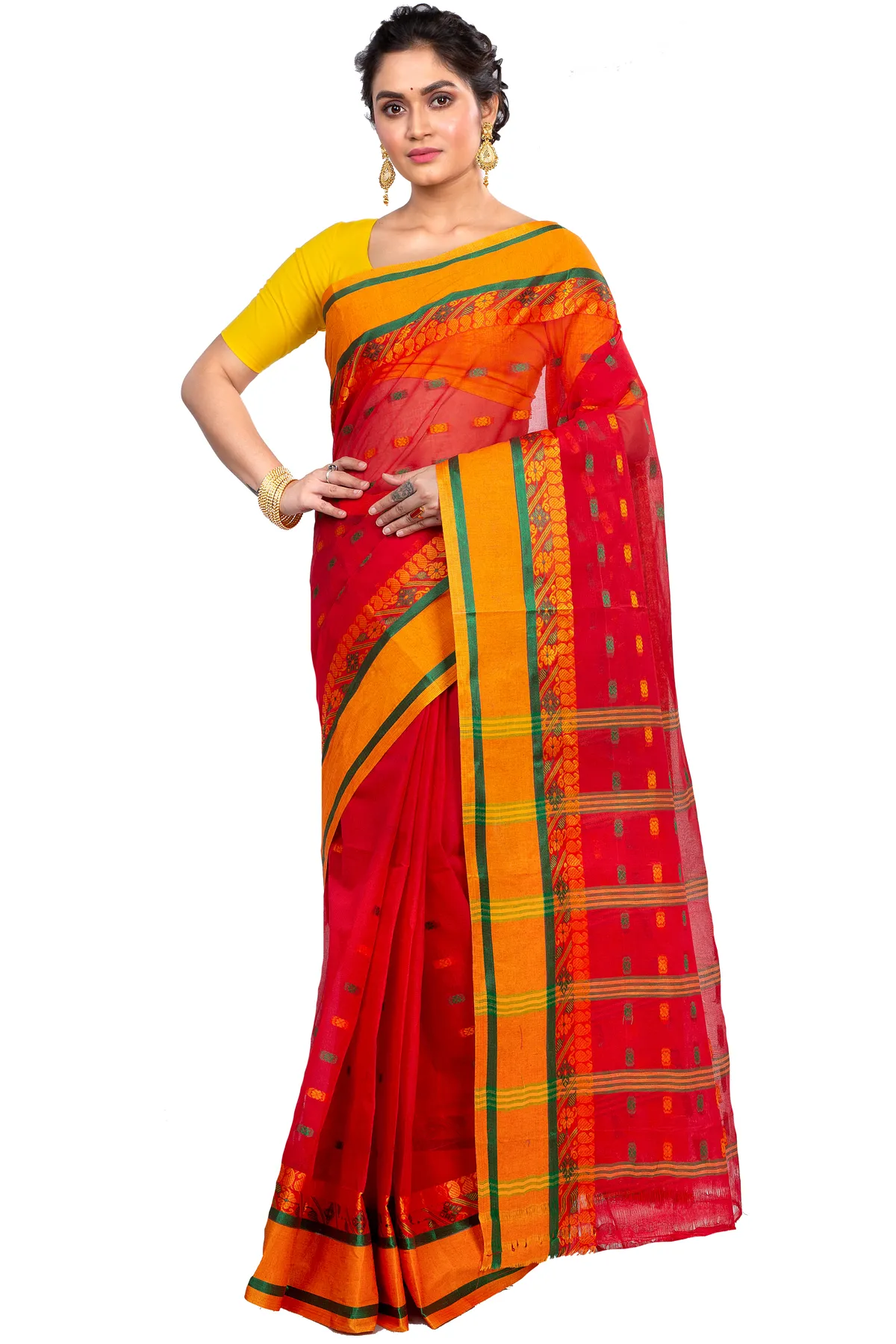 DipDiya Pure Cotton Red ToraPar Artisan Woven Tant Sarees
