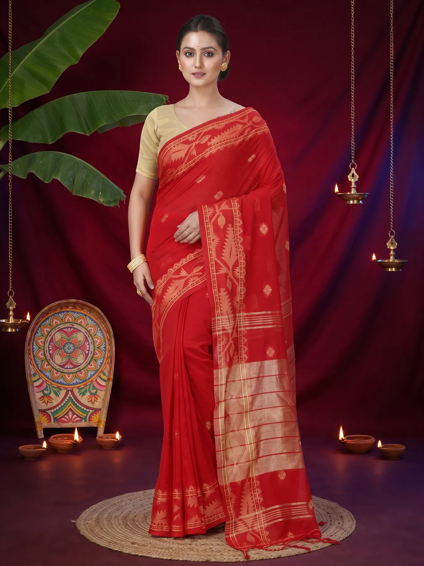 DipDiya Pure Cotton Red Tuma Traditional Elegance Handloom Sarees