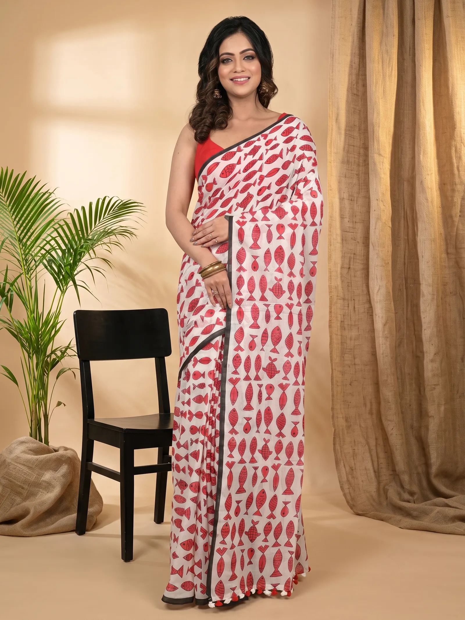 DipDiya Pure Cotton Red White Achdik Handcrafted Elegance Kalamkari Printed Sarees