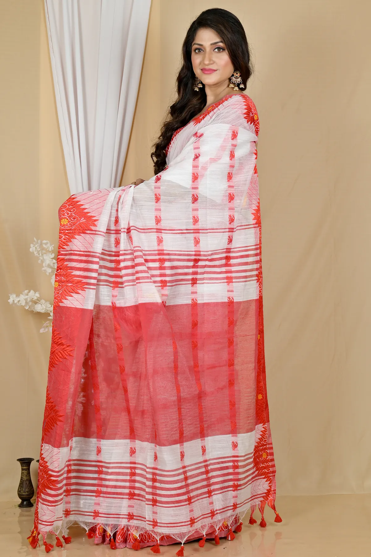 DipDiya Pure Cotton  Red White Borma Traditional Bengali Handloom Sarees