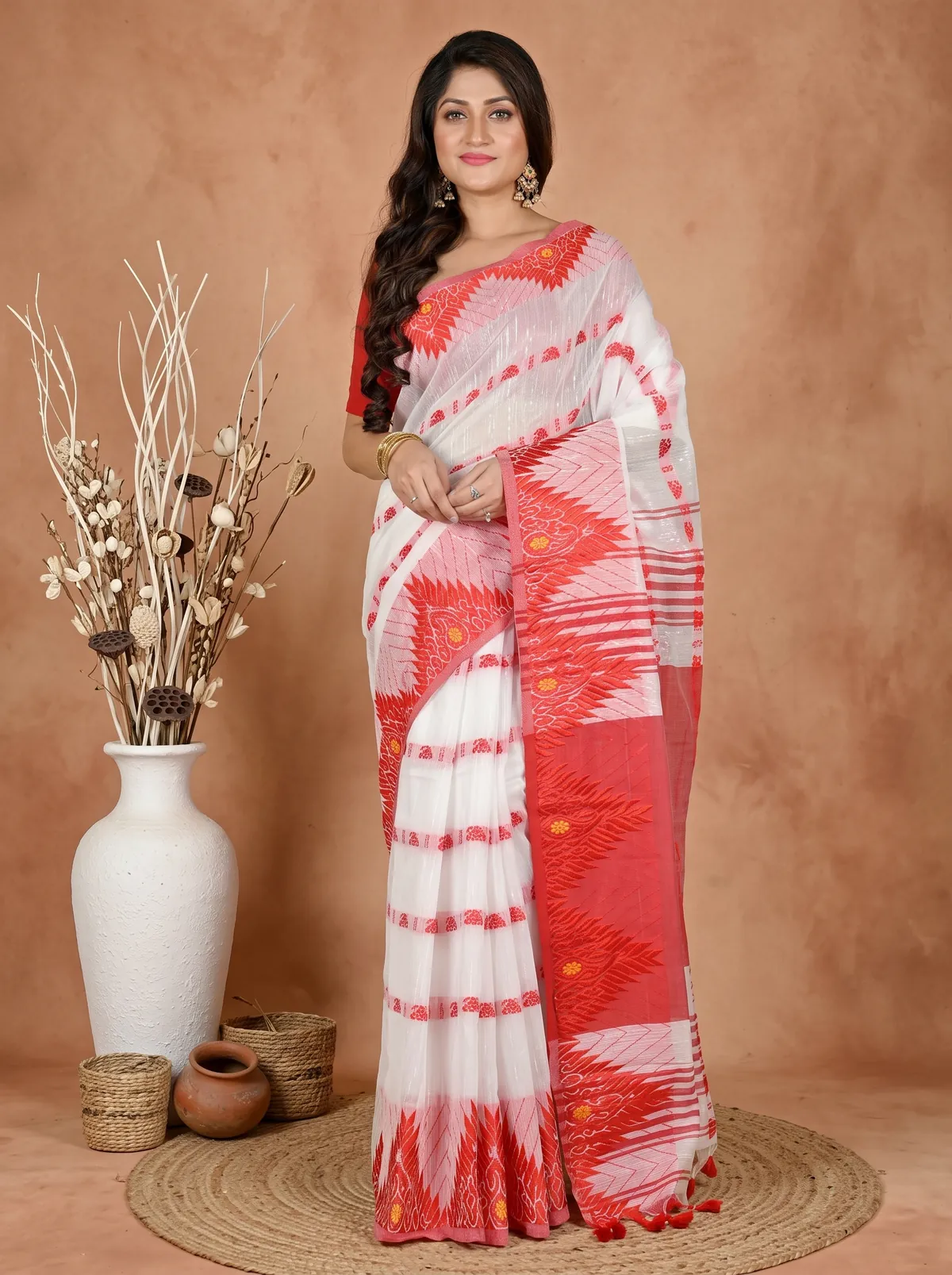 DipDiya Pure Cotton  Red White Borma Traditional Bengali Handloom Sarees