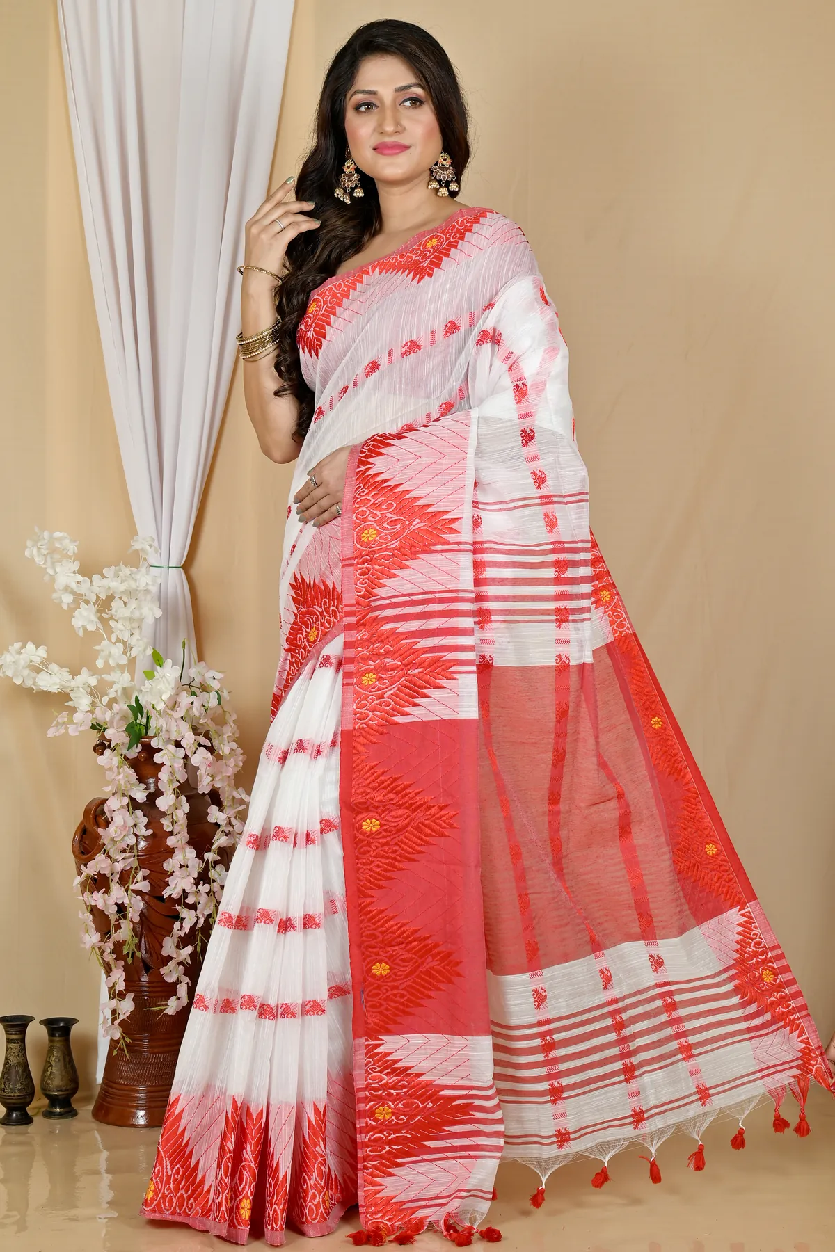 DipDiya Pure Cotton  Red White Borma Traditional Bengali Handloom Sarees
