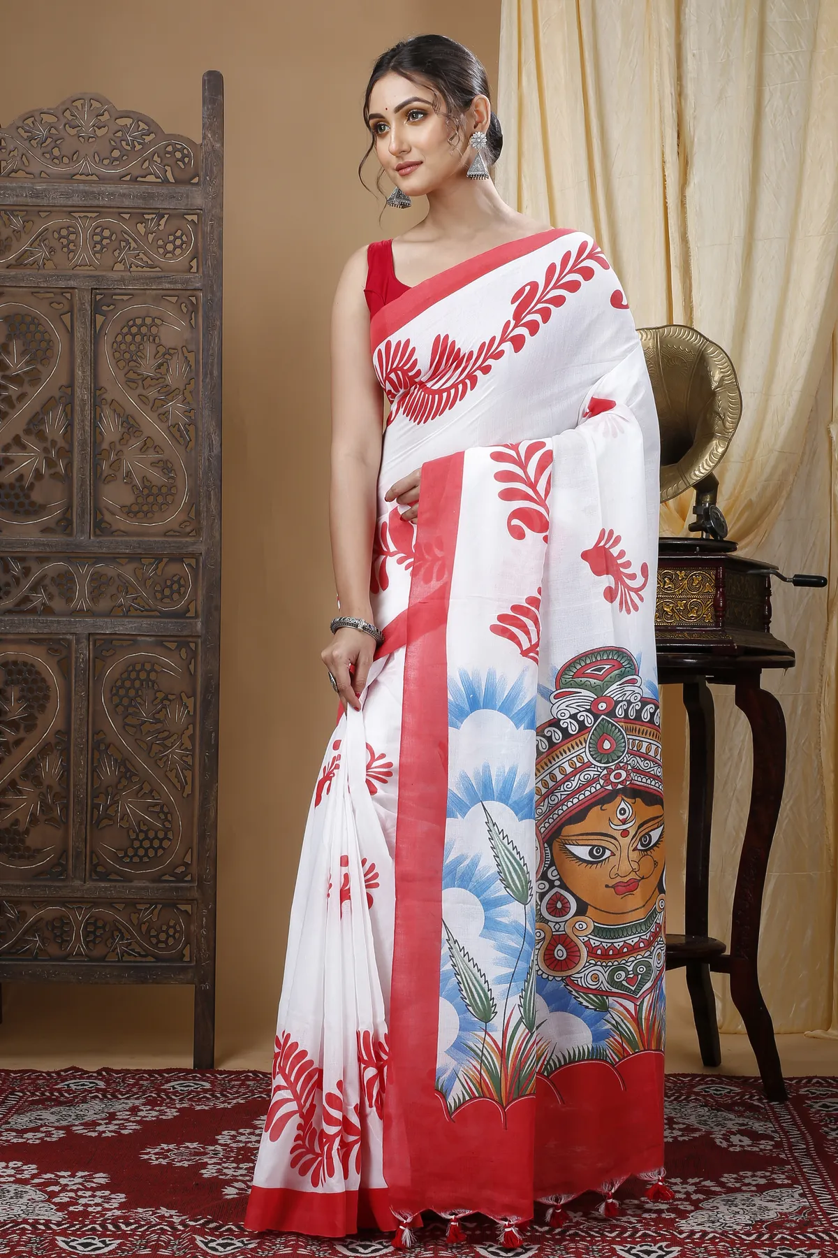 DipDiya Pure Cotton Red White Durga Rooted in Bengal Printed Handloom Sarees