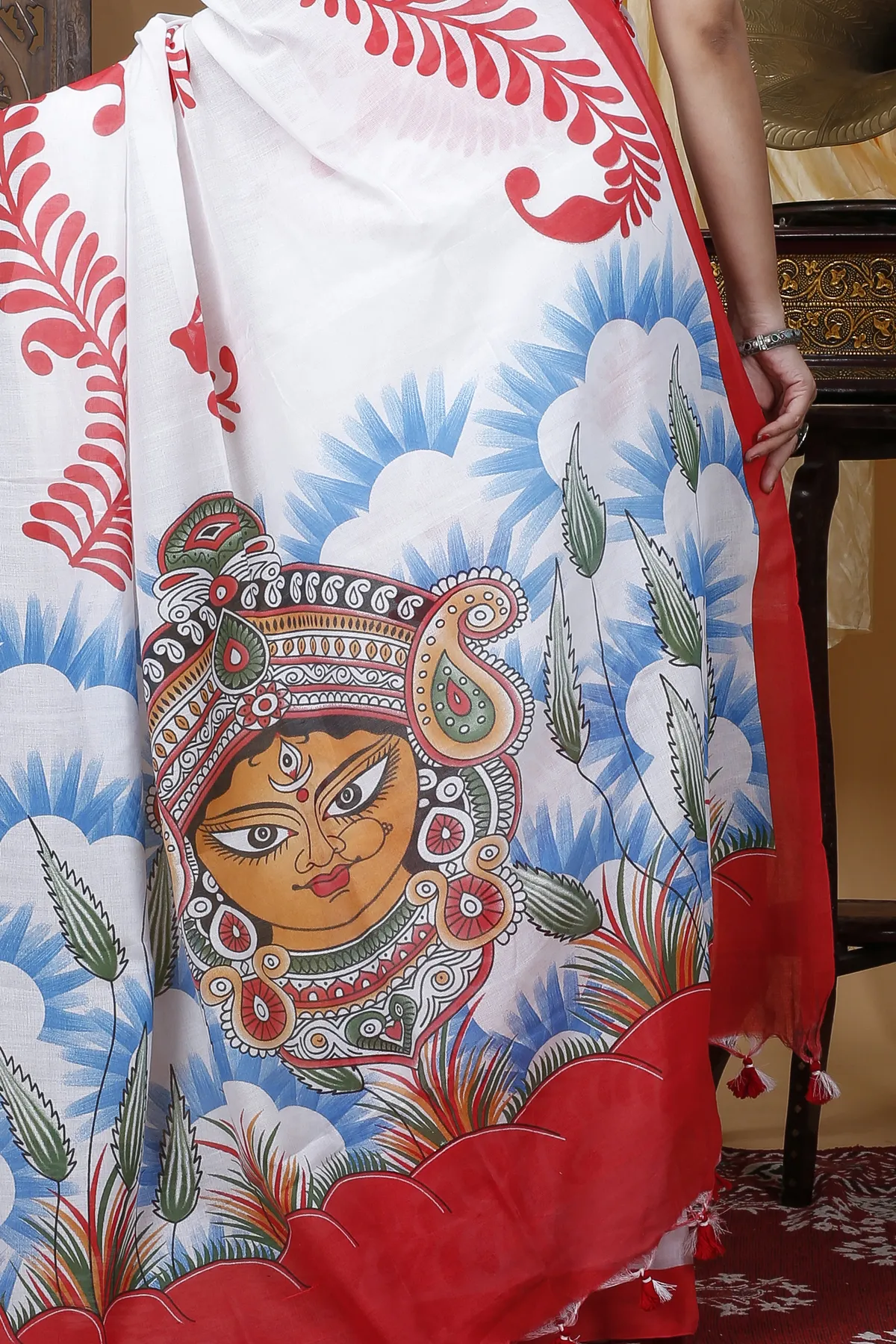 DipDiya Pure Cotton Red White Durga Rooted in Bengal Printed Handloom Sarees
