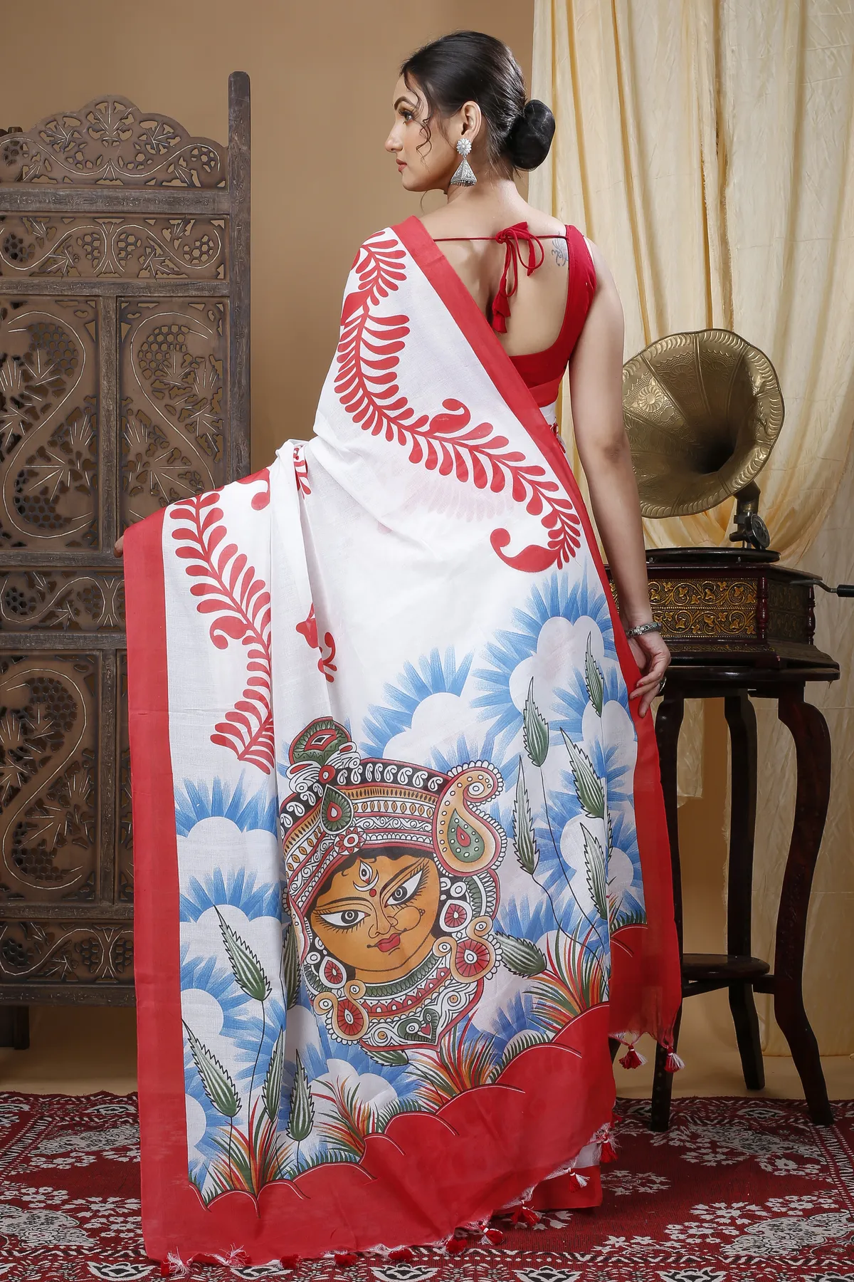 DipDiya Pure Cotton Red White Durga Rooted in Bengal Printed Handloom Sarees