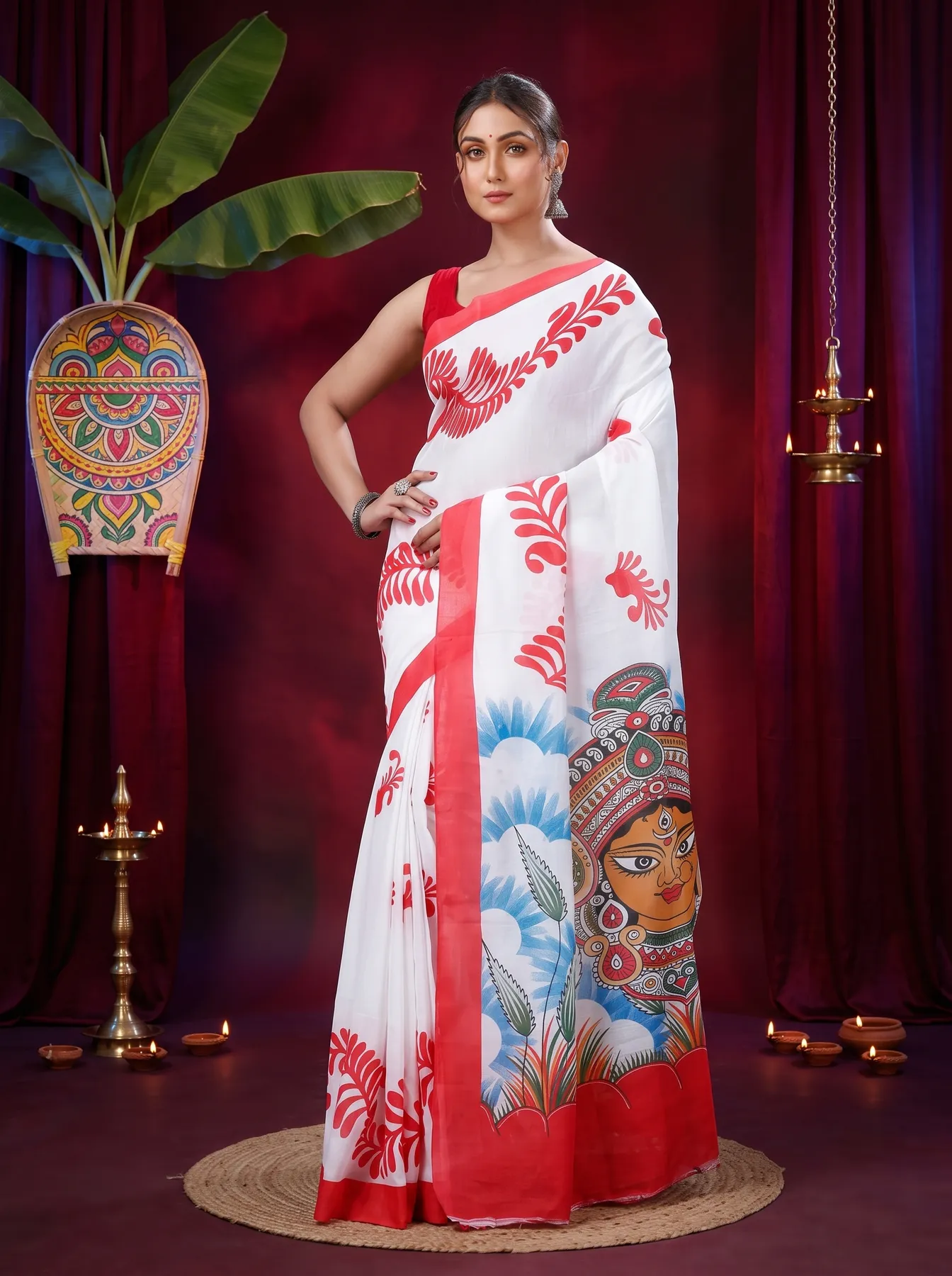 DipDiya Pure Cotton Red White Durga Rooted in Bengal Printed Handloom Sarees
