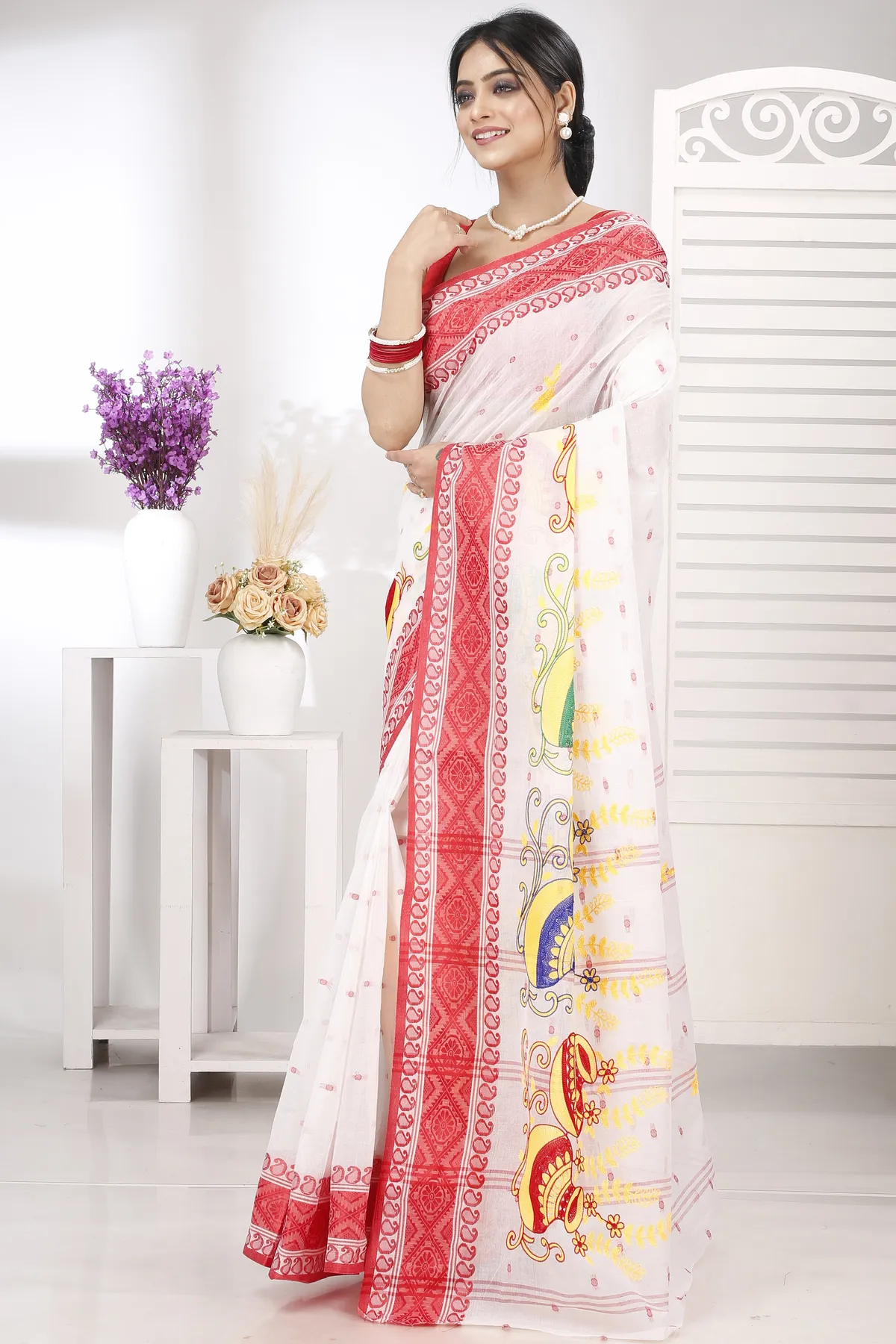 DipDiya Pure Cotton Red White Embi Boysko Ghot Bengali Heritage Embroidery Tant Sarees