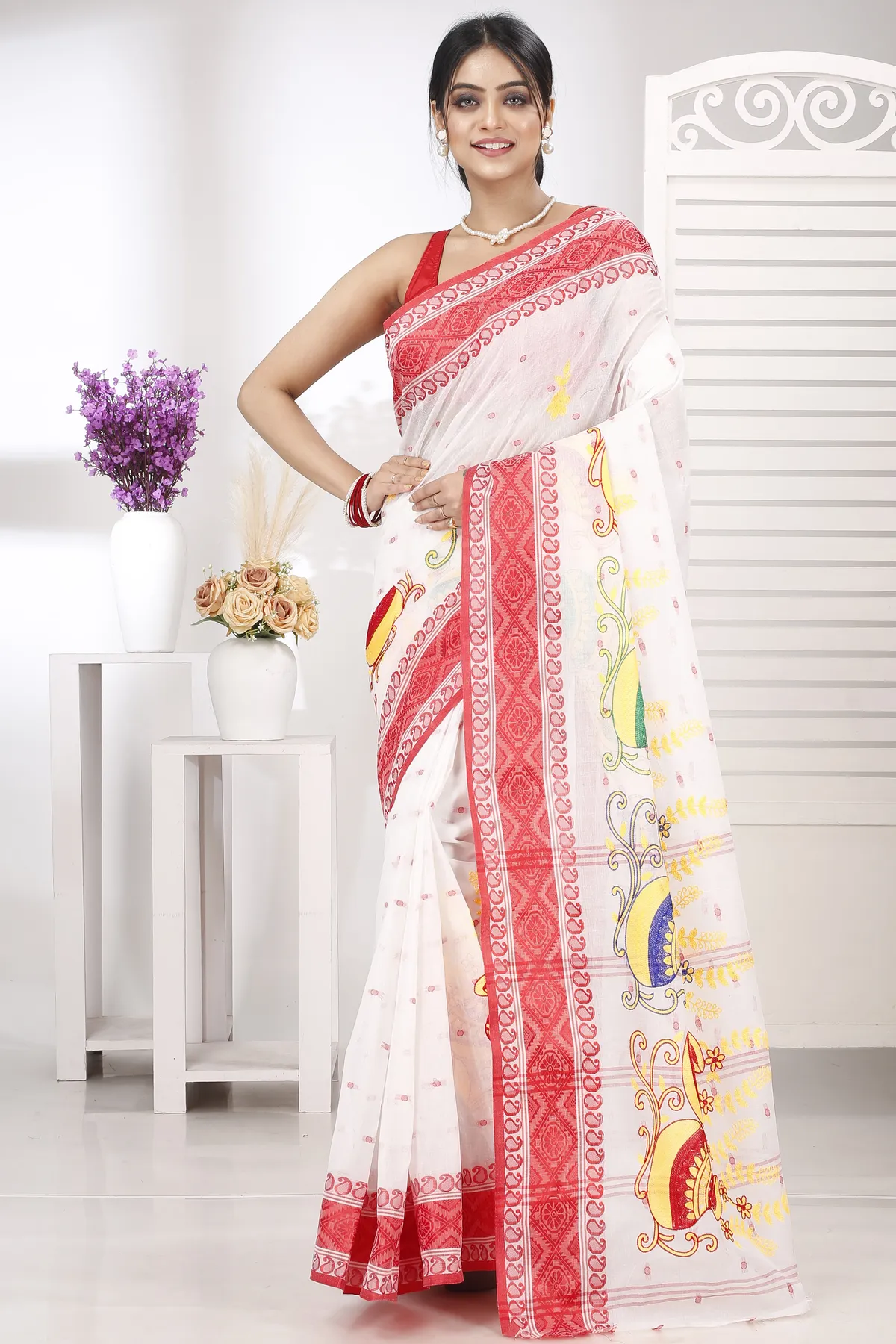 DipDiya Pure Cotton Red White Embi Boysko Ghot Bengali Heritage Embroidery Tant Sarees